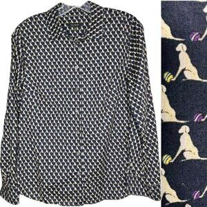 Talbots 100% Cotton Button Up Shirt Roll Up Sleeves Dog/Ball - Navy/White - 10